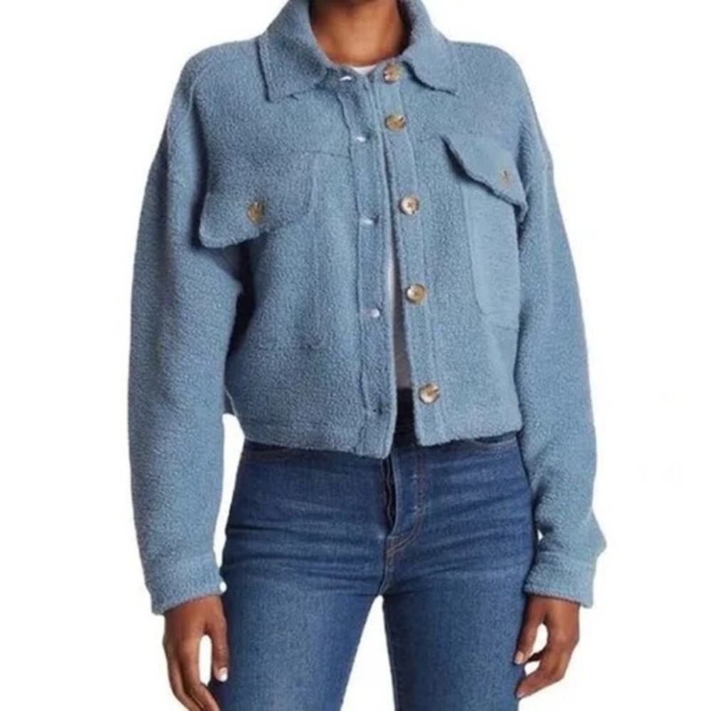 Blank NYC Cropped Sherpa Trucker Jacket Womens‎ L Blue Fleece Cozy 90s Retro